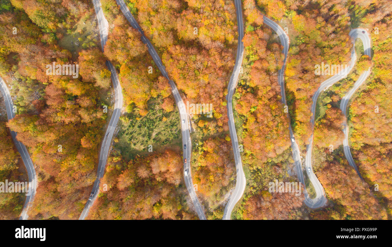 autumn mountain zigzag road view from above Stock Photo