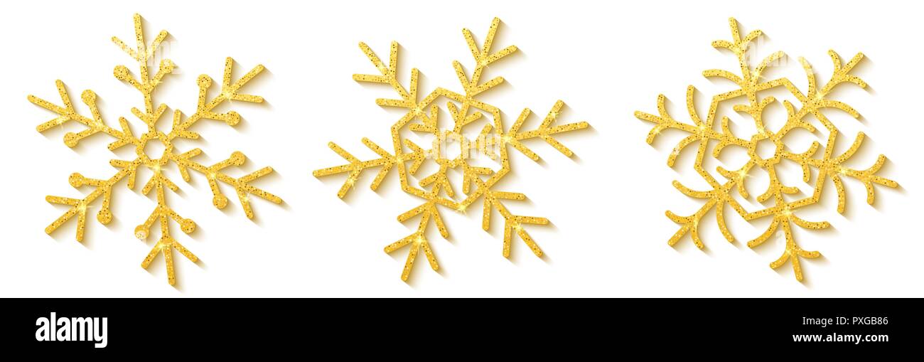 Luxury snowflakes with gold glitters isolated on white background. Happy New Year and Merry Christmas. Christmas elements. Set of snowflakes. Vector i Stock Vector