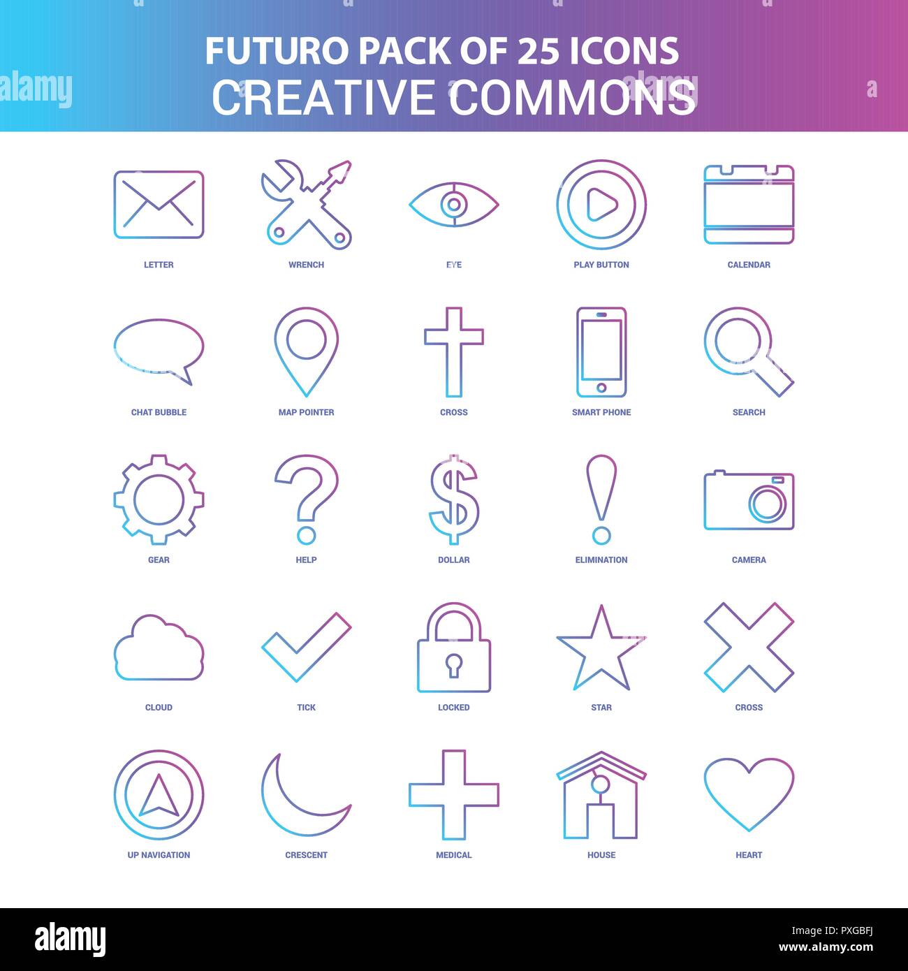 25 Blue and Pink Futuro Creative Commons Icon Pack Stock Vector