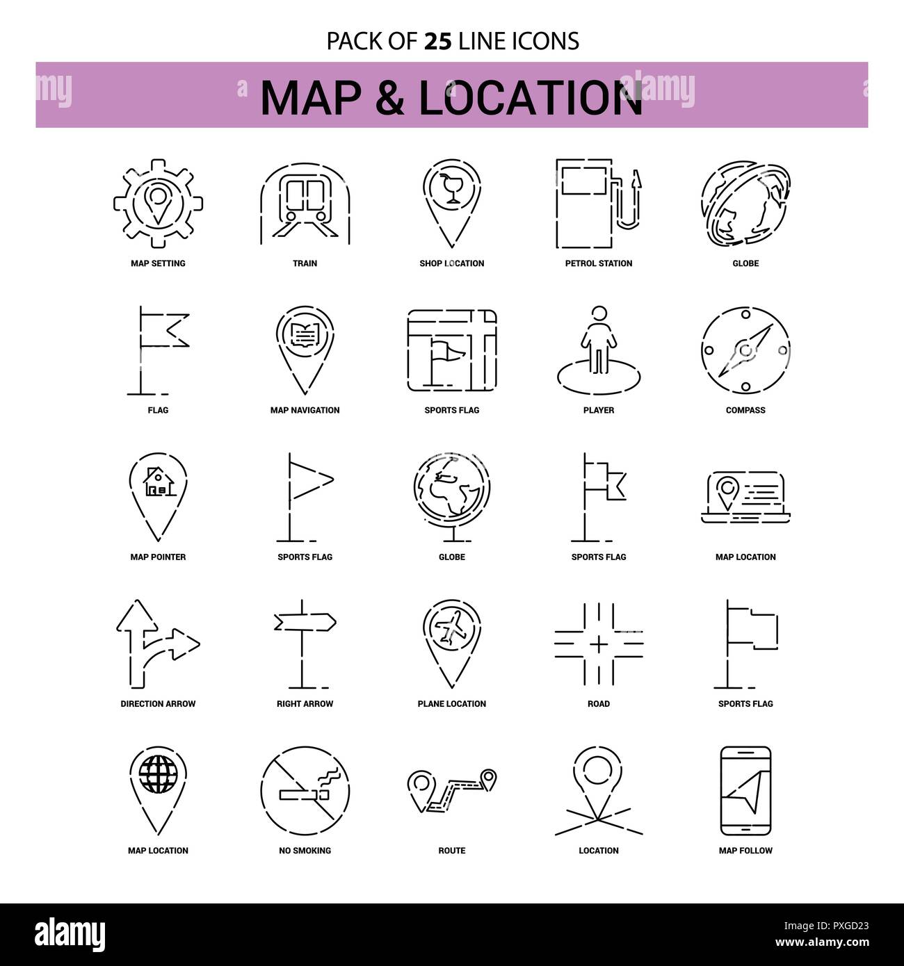 Map and Location Line Icon Set - 25 Dashed Outline Style Stock Vector