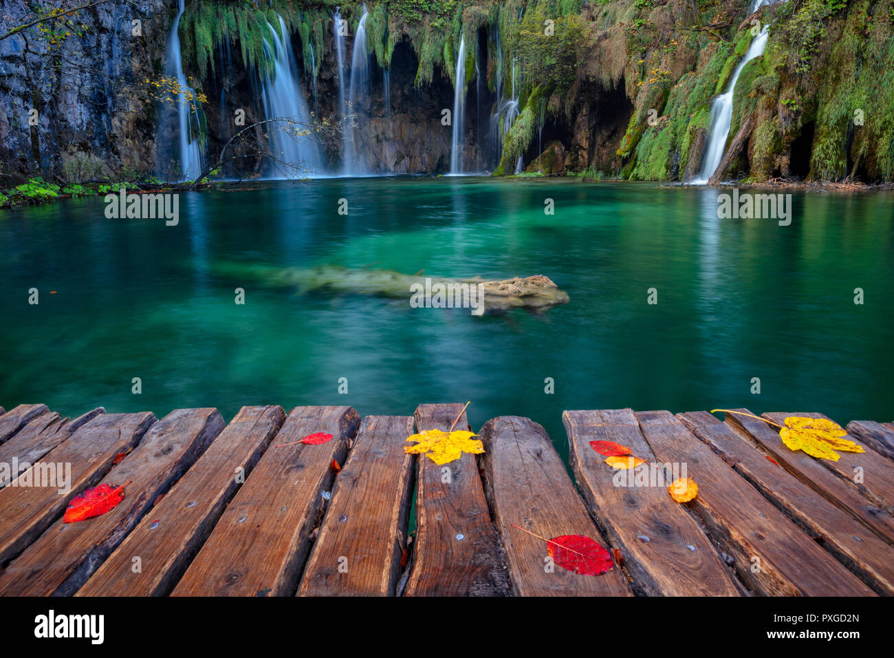 Plitvice Lakes. Image of waterfall located in Plitvice National Park, Croatia during autumn day. Stock Photo