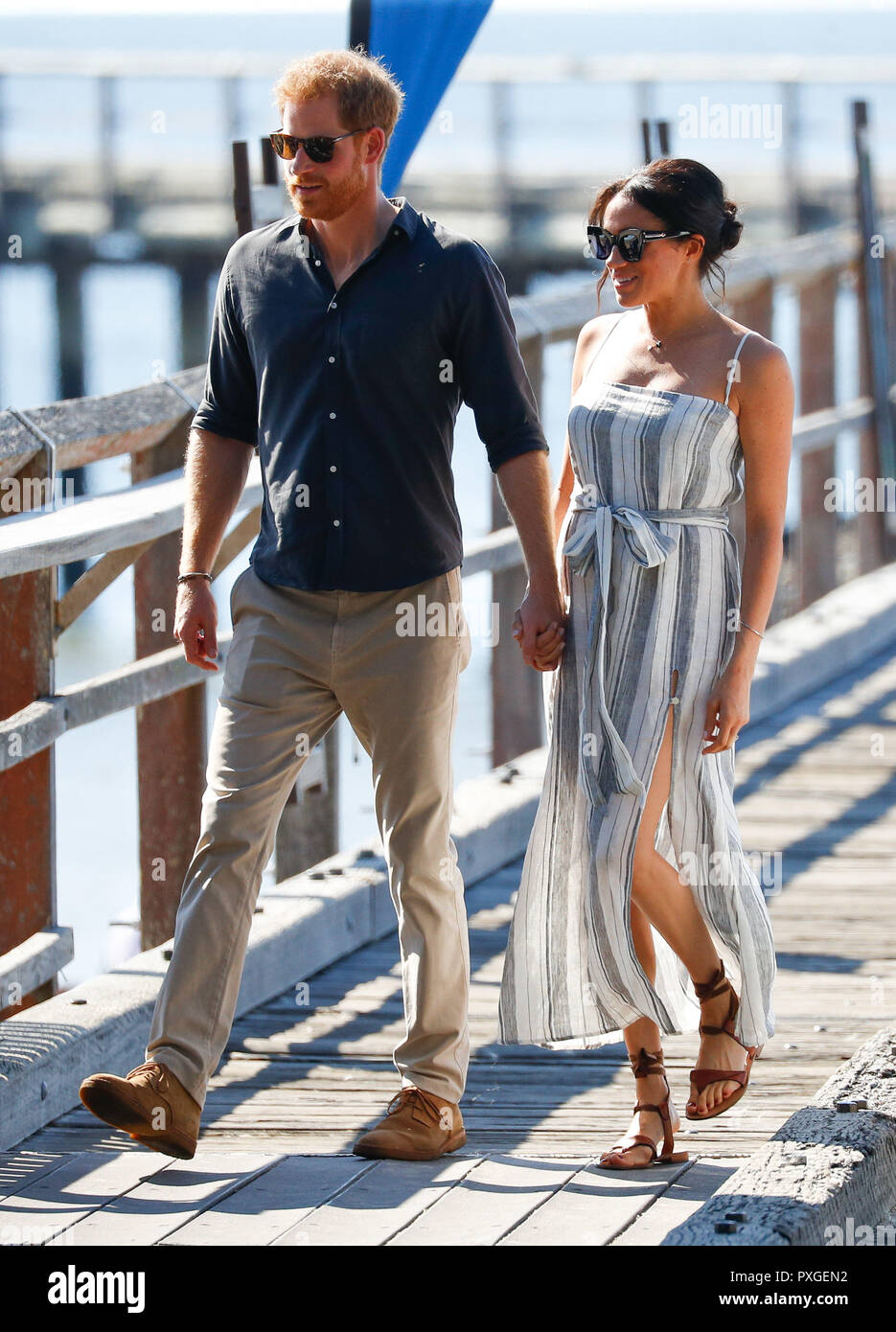 The Duke and Duchess of Sussex walk along Kingfisher Bay Jetty during their visit to Fraser Island, Queensland, on day seven of the Duke and Duchess of Sussex's visit to Australia. Stock Photo