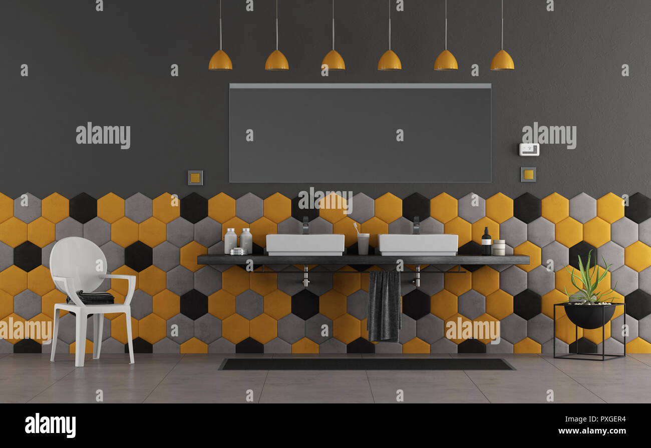 Modern yellow and gray bathroom with double sink on wooden shelf - 3d  rendering Stock Photo - Alamy, image size:1300x895