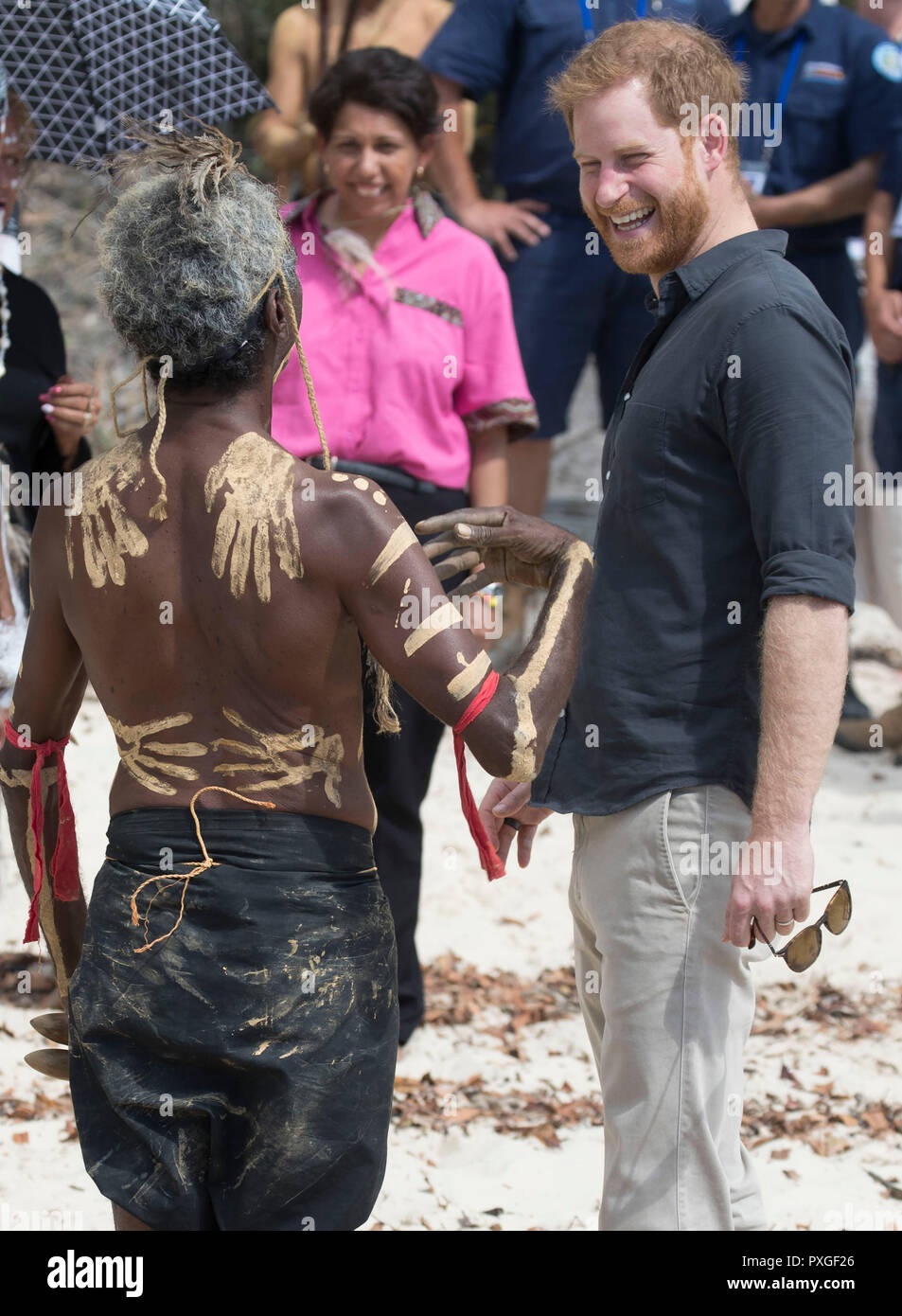 The Duke of Sussex with aboriginal man Joe Gala at McKenzie's Jetty on Fraser Island, on day seven of the Duke and Duchess of Sussex's visit to Australia. Stock Photo