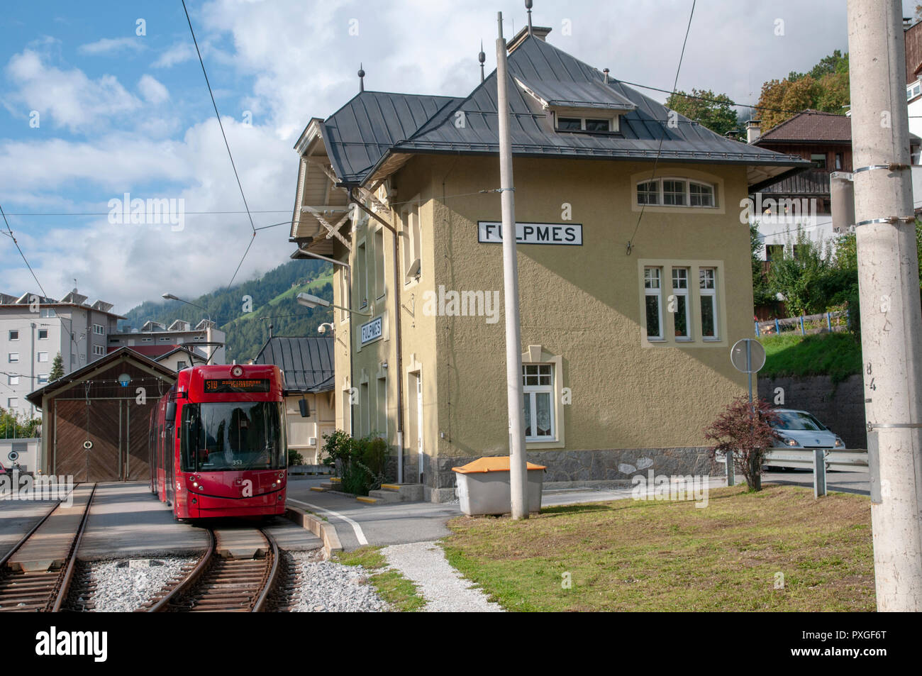 The tram station at Fulpmes, a village and a municipality in Stubaital, Tyrol, Austria. Stock Photo