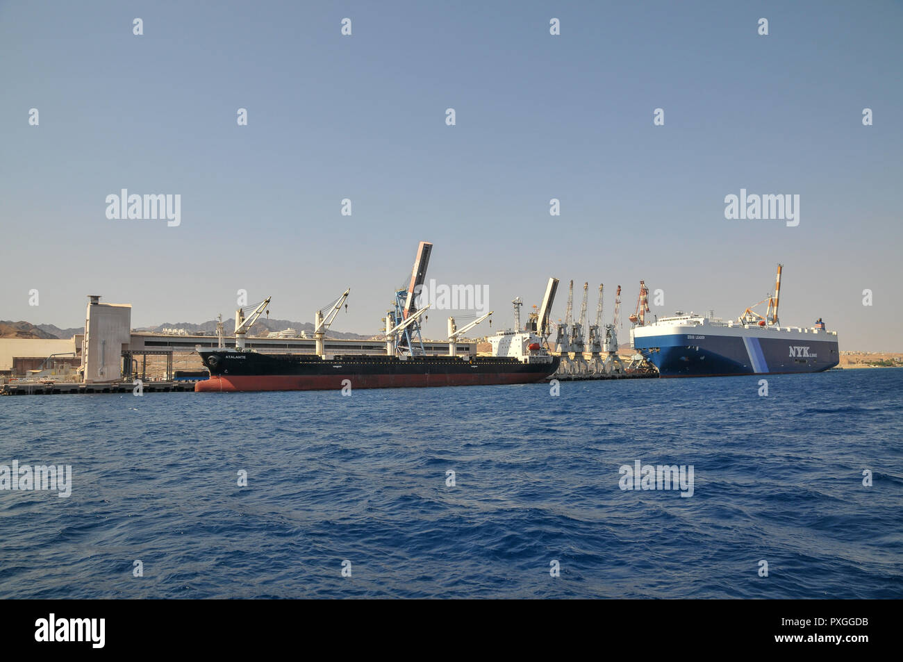 Ships at the Port of Eilat in the Red Sea, Israel Stock Photo