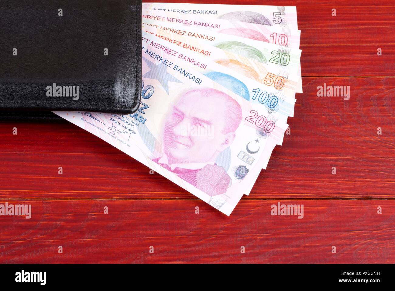 Turkish money in the black wallet Stock Photo