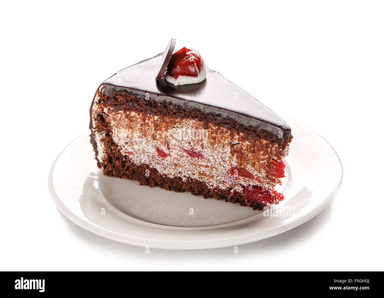 A piece of chocolate cake, isolated on a white background Stock Photo ...
