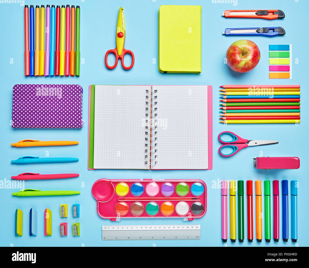 Composition lined with school supplies. flat lay Stock Photo