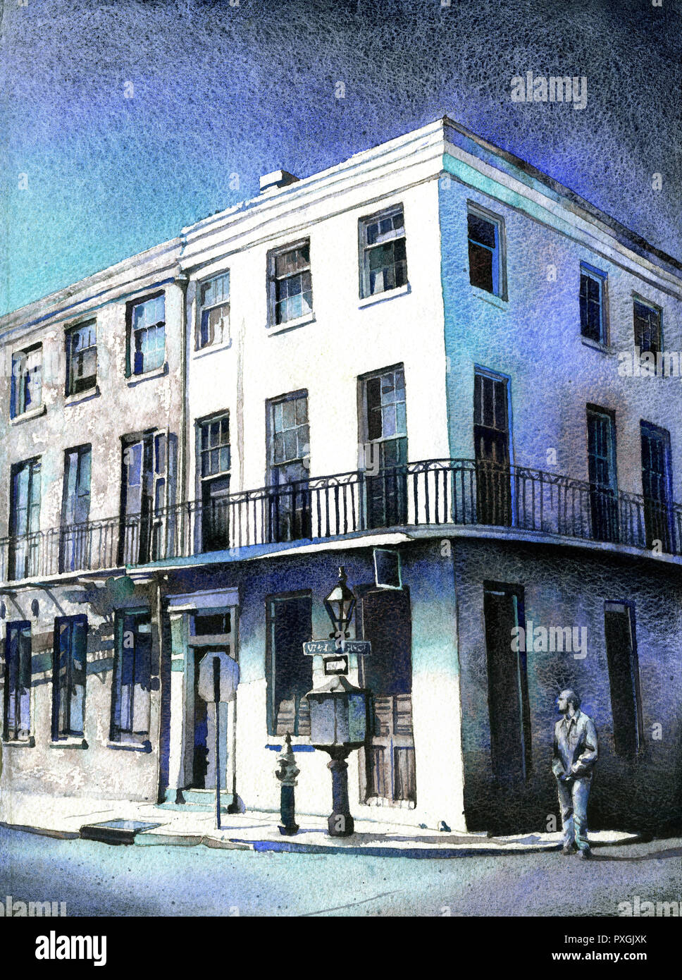 Watercolor painting colonial architecture in French Quarter New