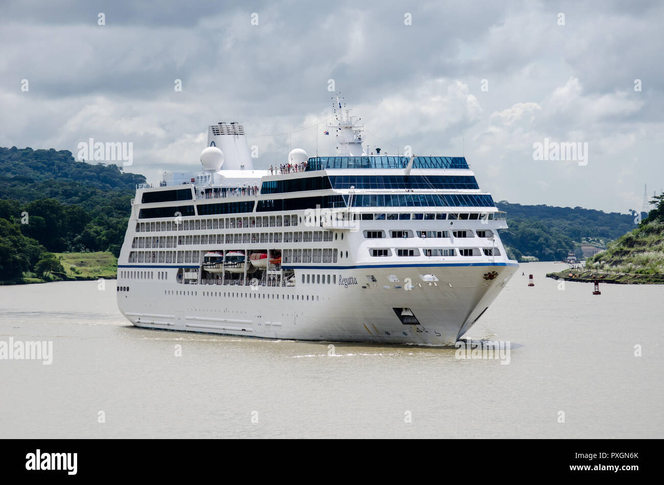 Cruise ship transiting through the Panama Canal at the southwestern end ...