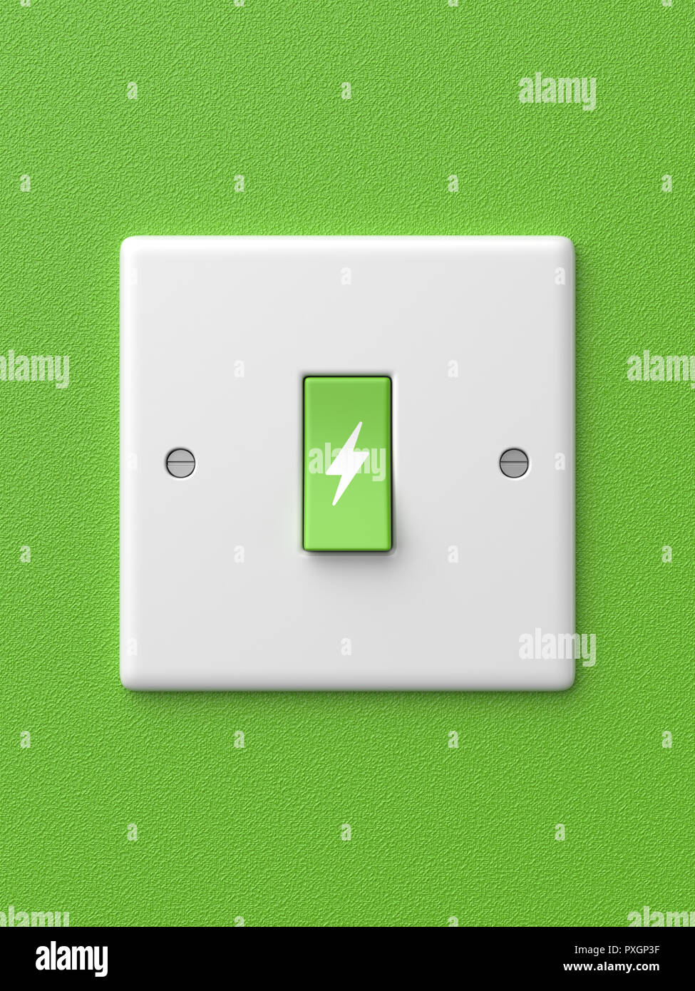 3d rendered front view of a single green light switch with a power symbol in the off position on a green background. Stock Photo
