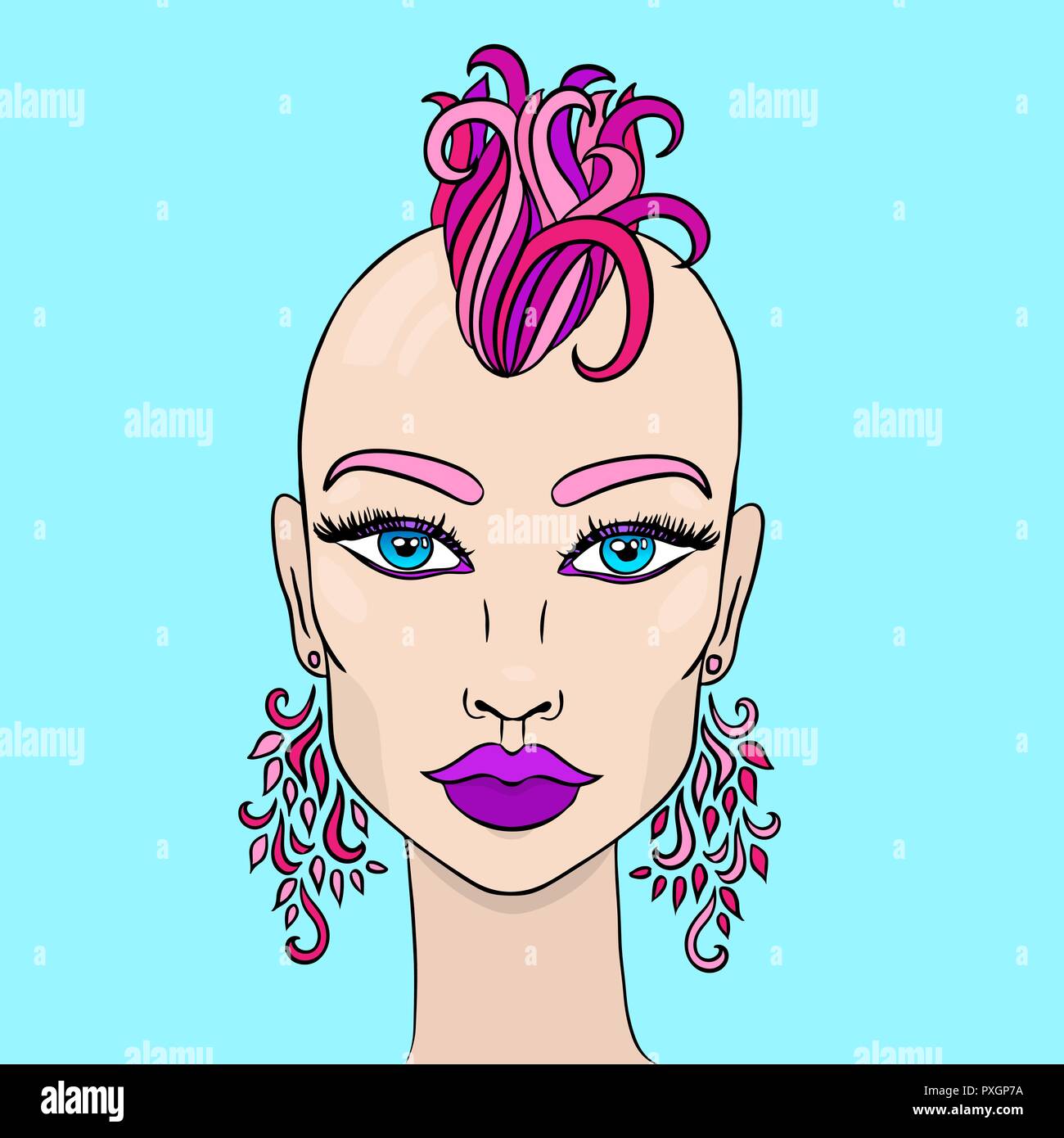 Doodle girl with shaved head and earrings. Womens portrait with rink and violet hair. Vector illustration. Stock Vector