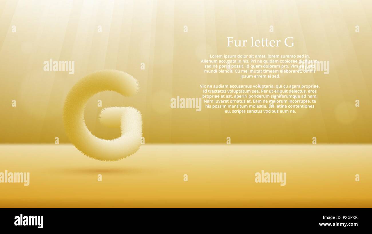 Product display or advertising concept template. Vector illustration of fur letter G over gold color gradient studio room background for your design Stock Vector