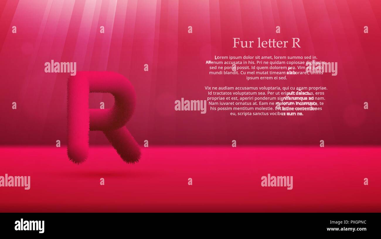 Product display or advertising concept template. Vector illustration of fur letter R over ruby red color gradient studio room background Stock Vector