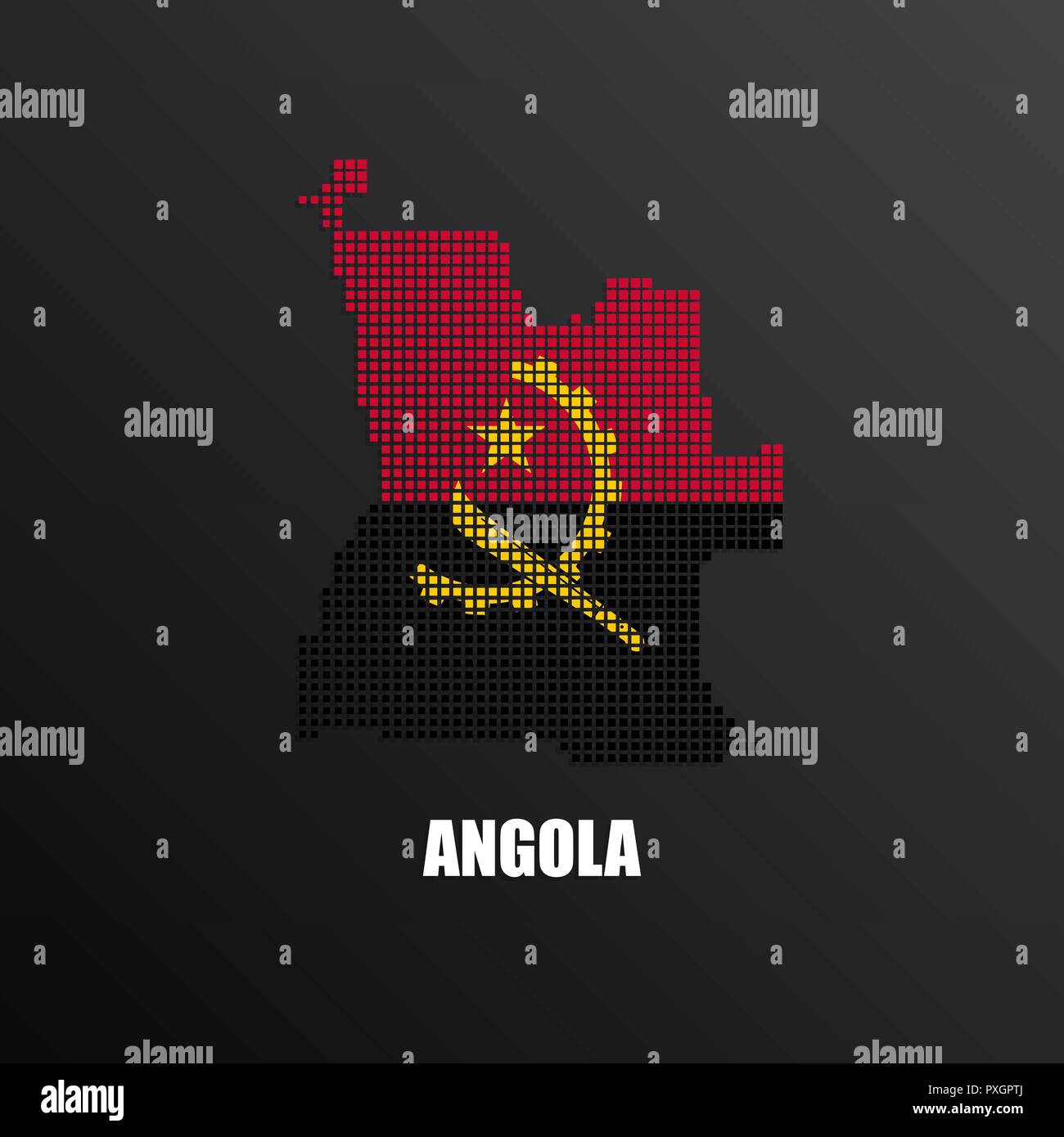 Vector illustration of abstract halftone map of Angola made of square pixels with Angolan national flag colors for your graphic and web design Stock Vector