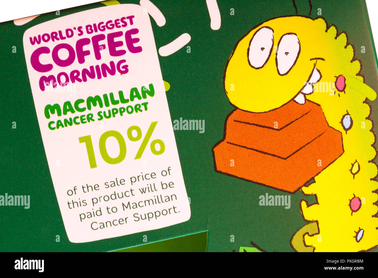 10% to Macmillan Cancer Support on Marks & Spencer Colin the Caterpillar chocolate cake - world's biggest coffee morning Stock Photo