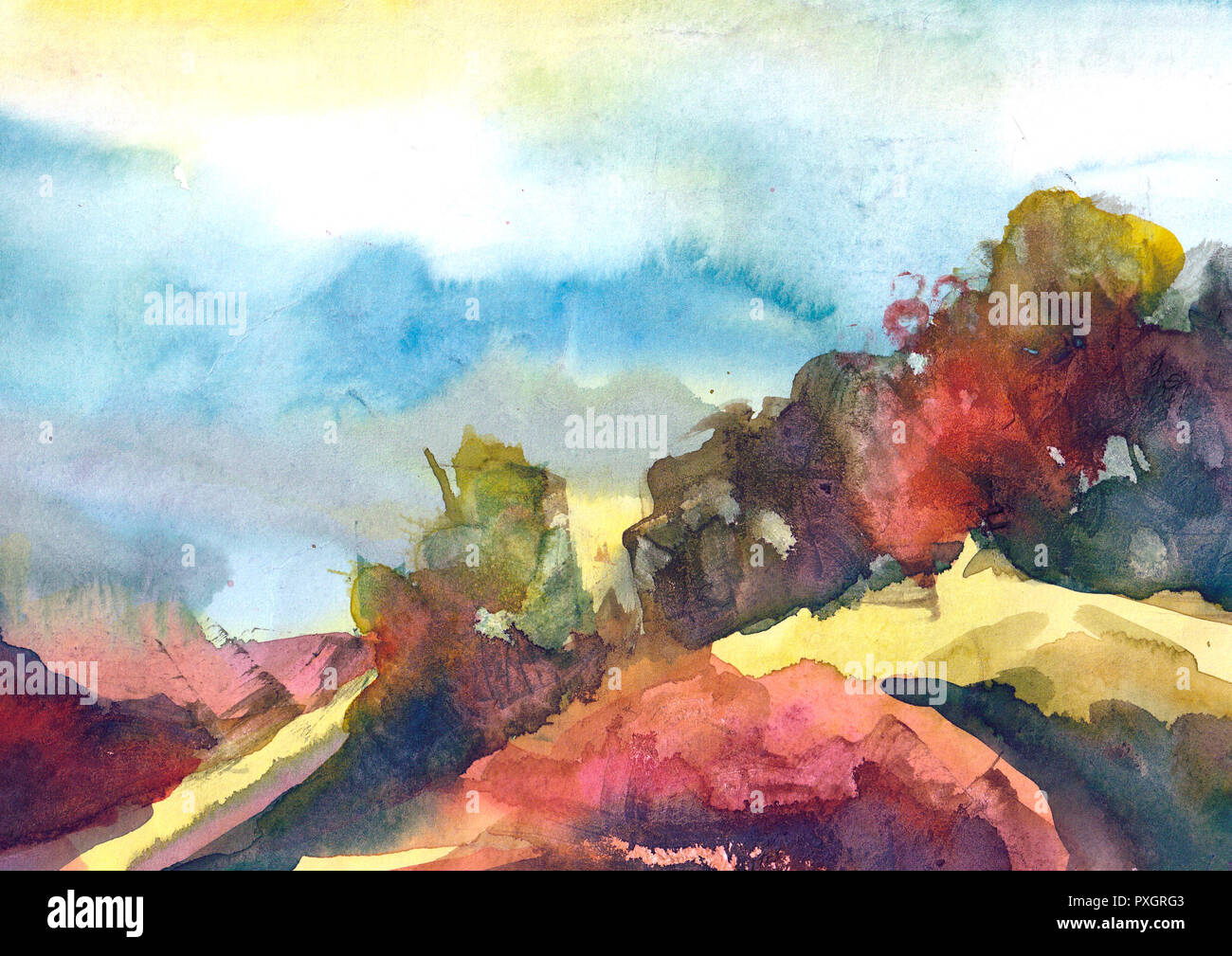 Watercolor painting colorful landscape. Spring, summer season nature  watercolor background Stock Photo - Alamy