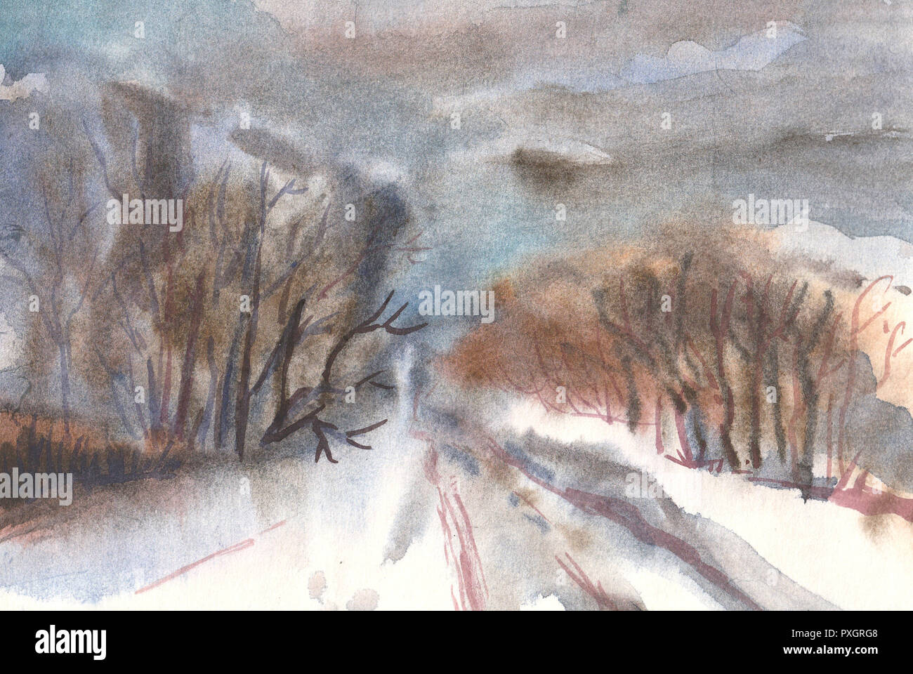Winter landscape. Road in forest. Watercolor illustration. Stock Photo