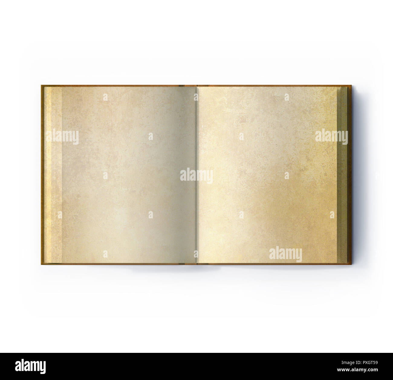 Top view of an old open book on empty used pages, isolated on white background Stock Photo