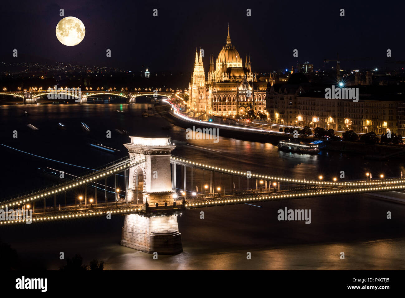 Fullmoon above Budapest Stock Photo