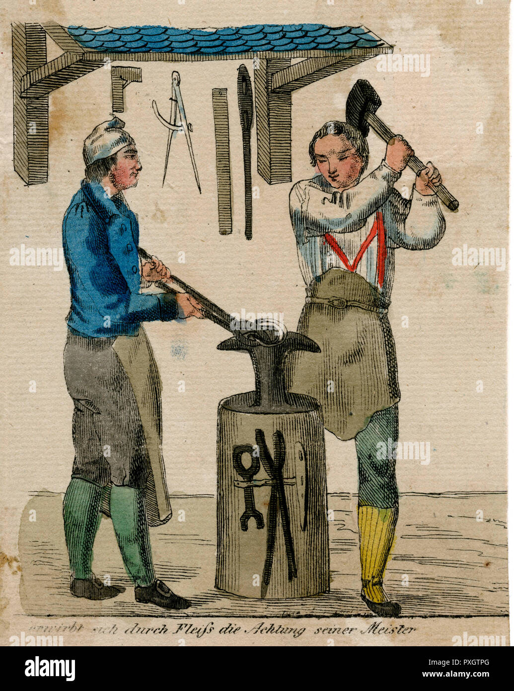 A German blacksmith and his assistant work on a horseshoe. Date 19th