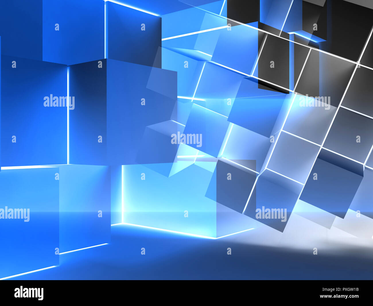 Abstract blue background with glowing extruded cubes installation. 3d ...