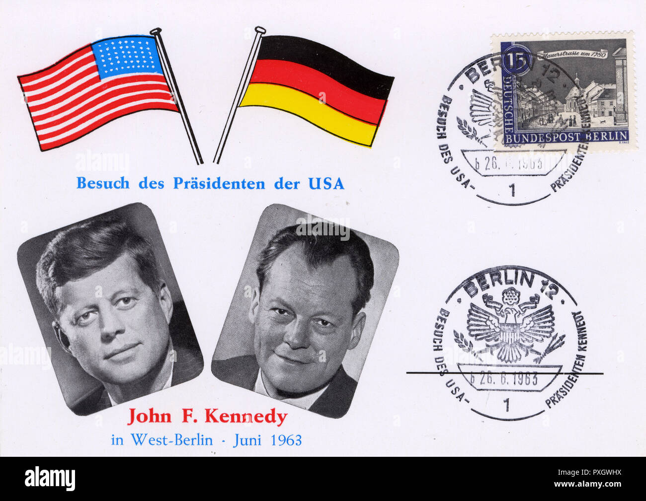 A Card commemorating John F. Kennedy's (1917-1963) presidential visit to Germany, with portraits of the President and Willy Brandt (1913-1992), Governing Mayor of West Berlin (1957-1966) (see also: 10084481).     Date: 1963 Stock Photo