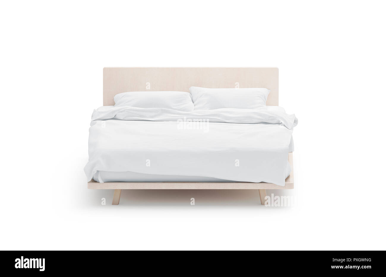Blank white bed mockup, front view, isolated, 3d rendering. Empty tucked bedstead with pillows and blanket mock up. Clear bedclothes template. Place for sleep with mattress, pilow and duvet. Stock Photo