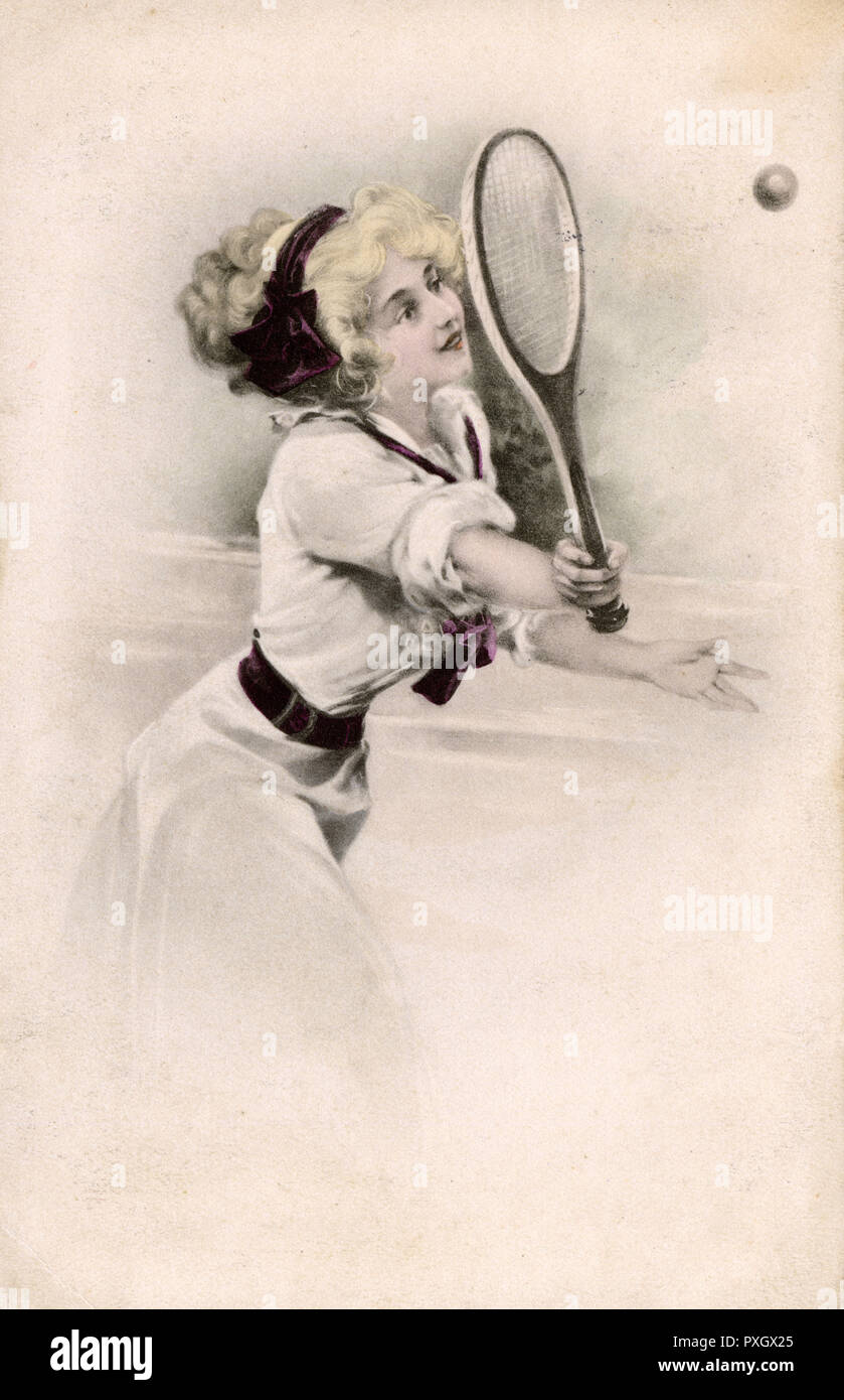 A Jolly Tennis girl volleys home another winner!     Date: 1914 Stock Photo
