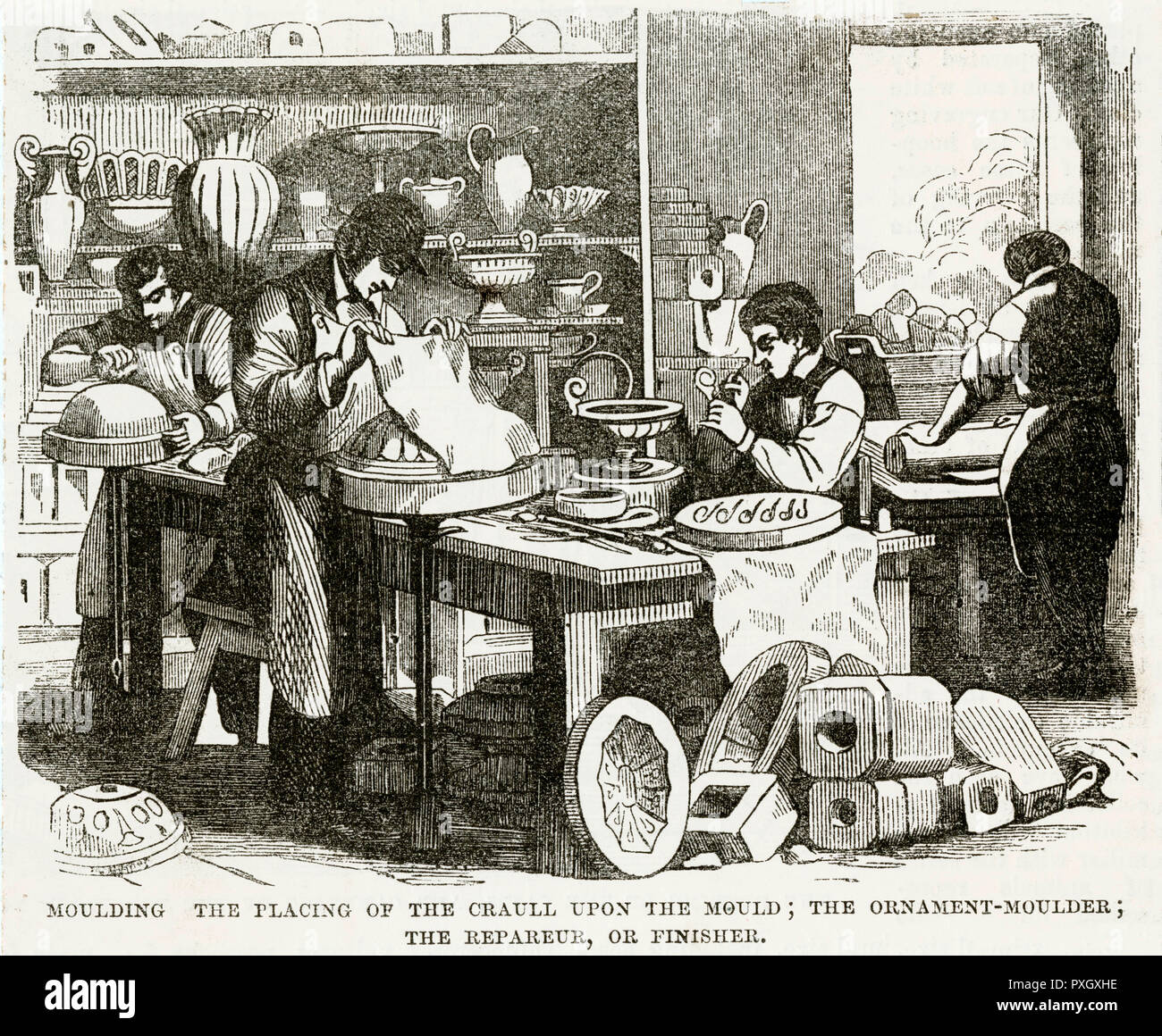 Moulding: The placing of the craull upon the mould; the ornament-moulder repareur or finisher.     Date: 1848 Stock Photo