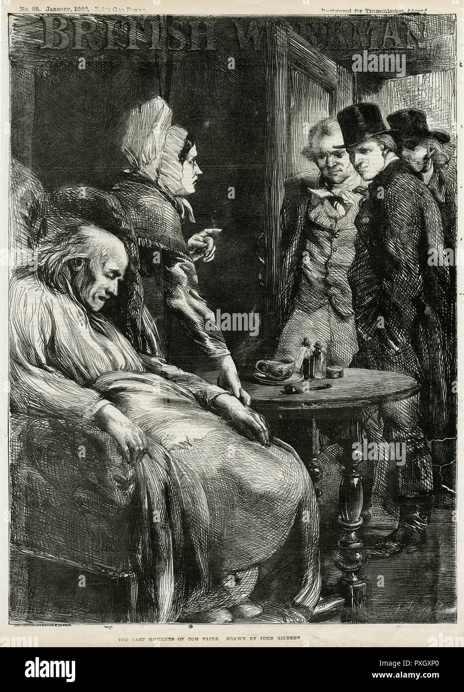 Front cover of The British Workman, showing Thomas Paine (1737-1809), English-born American political activist, philosopher, political theorist and revolutionary, as visitors come to see him as he is dying at his home in New York City, USA. Few people attended his funeral, as he had been ostracised for his anti-religious views.        Date: 1809 Stock Photo
