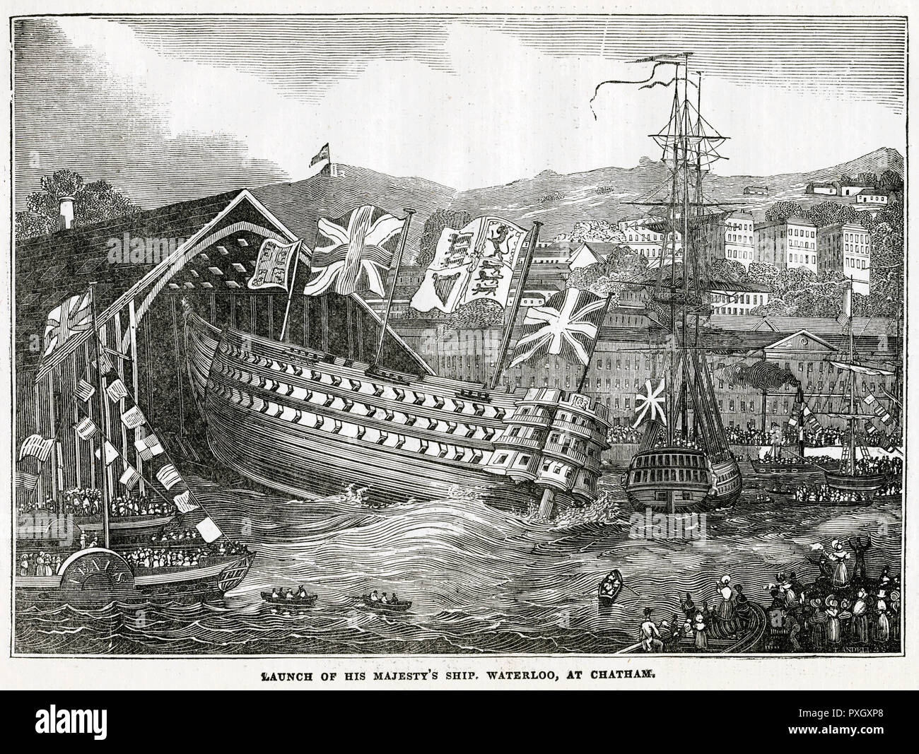 Launch of His Majesty's ship, HMS Waterloo at Chatham in 1833. HMS Waterloo was a 120-gun first-rate ship of the line of the Royal Navy. Date: 10 June 1833