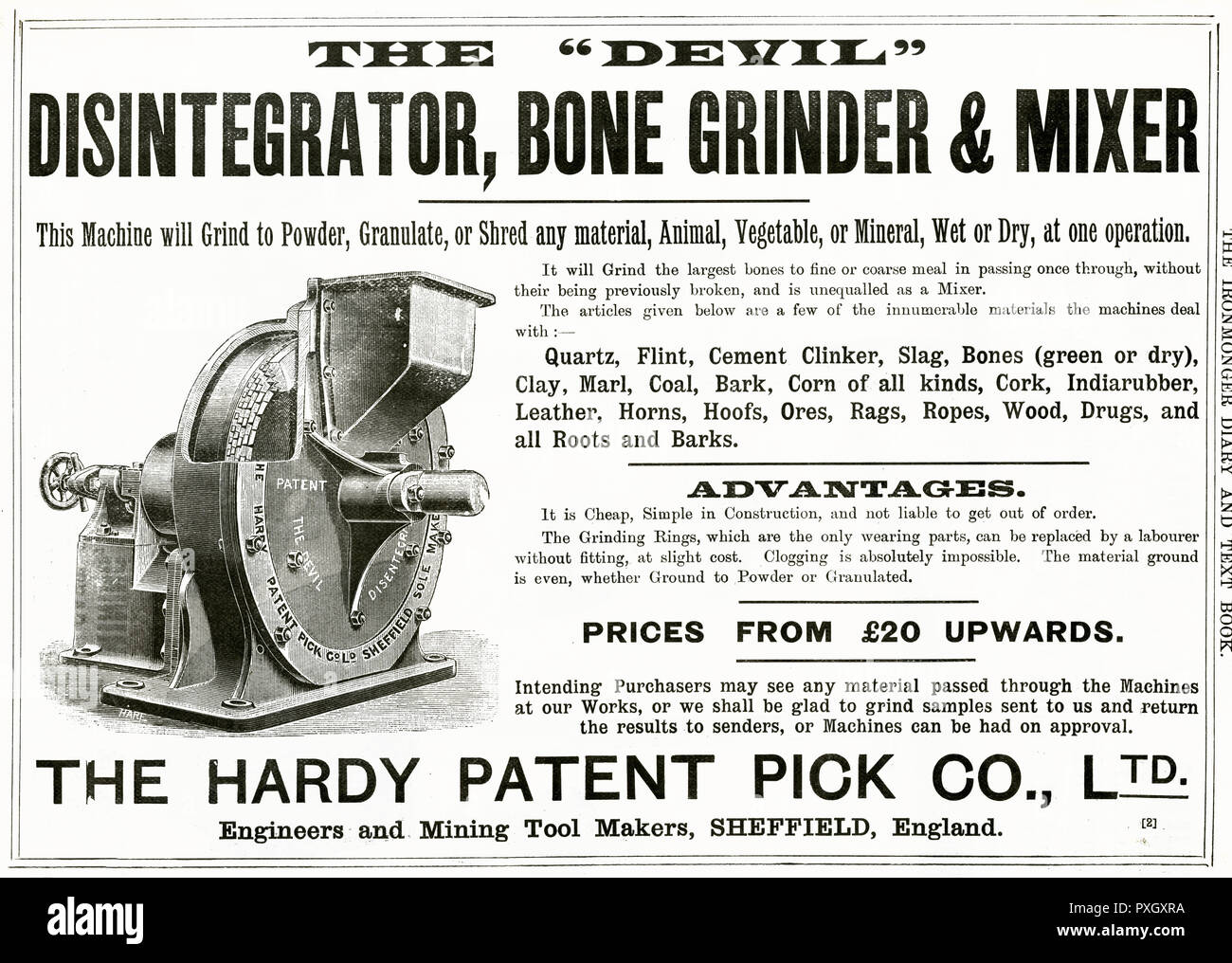 The 'Devil', Disintegrator, bone grinder and mixer. This machine will grind  to powder, granulate or shed any material, animal and vegetable, wet or dry  at one operation. Date: 1890s Stock Photo -