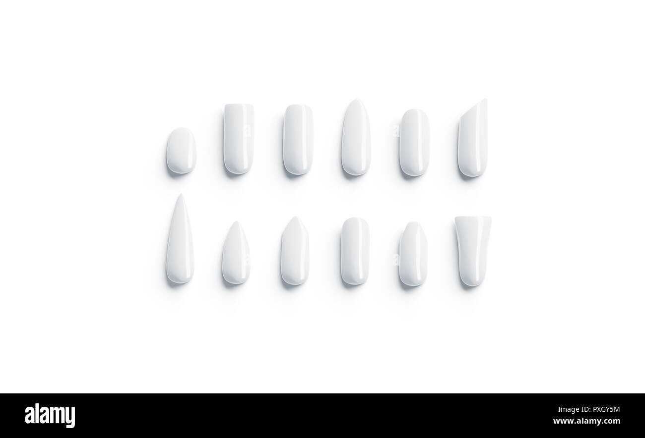 Blank white artificial nails shape type mockup set, top view, 3d rendering. Empty fake fingernail mock up, isolated. Clear woman manicure different types. Unnaturally correction form. Stock Photo