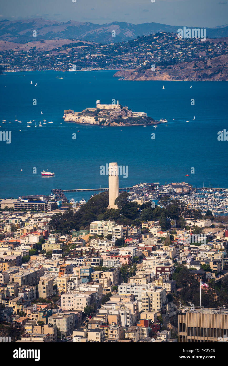 Aerial view of the Coit Tower and Alcatraz in San Francisco Stock Photo