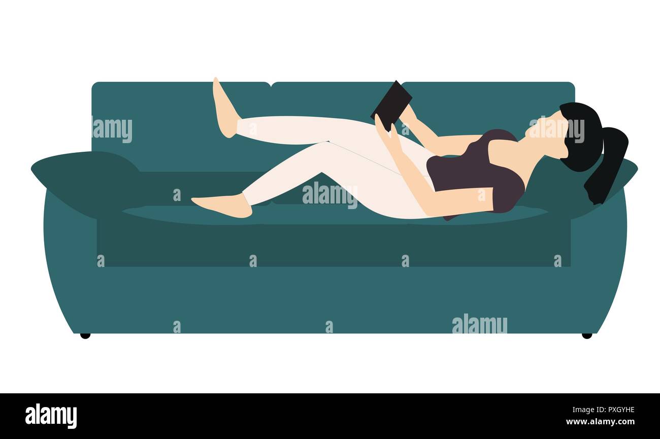 Woman lying on the sofa reading the news on the tablet Stock Vector