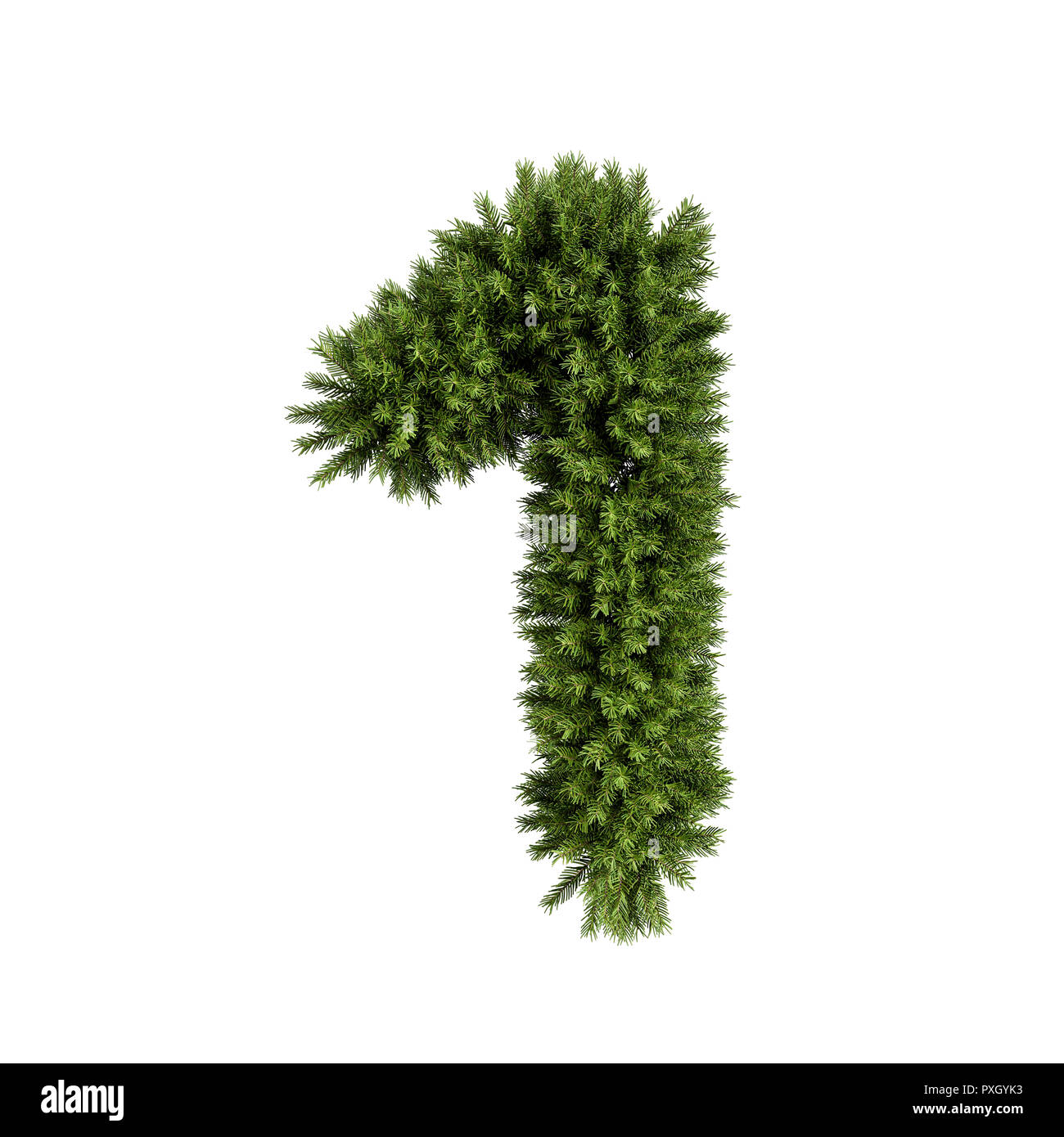 Christmas alphabet ABC digit number 1 one font. Christmas tree branches digits decoration type. Highly realistic 3d rendering illustration. Character  Stock Photo