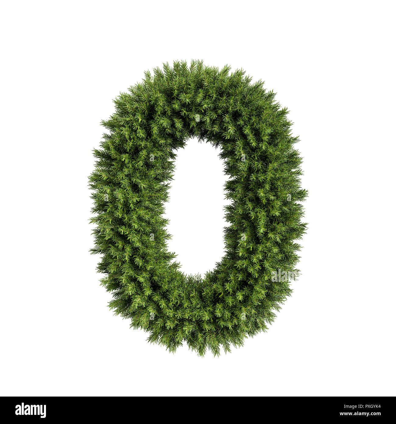 Christmas alphabet ABC digit number 0 zero null font. Christmas tree branches digits decoration type. Highly realistic 3d rendering illustration. Char Stock Photo