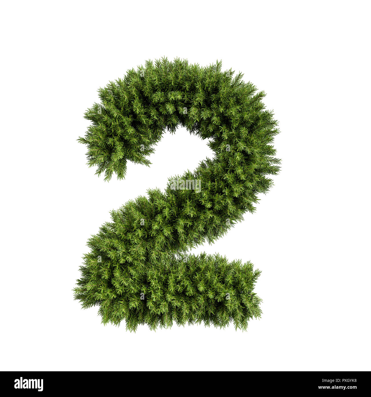 Christmas alphabet ABC digit number 2 two font. Christmas tree branches digits decoration type. Highly realistic 3d rendering illustration. Character  Stock Photo