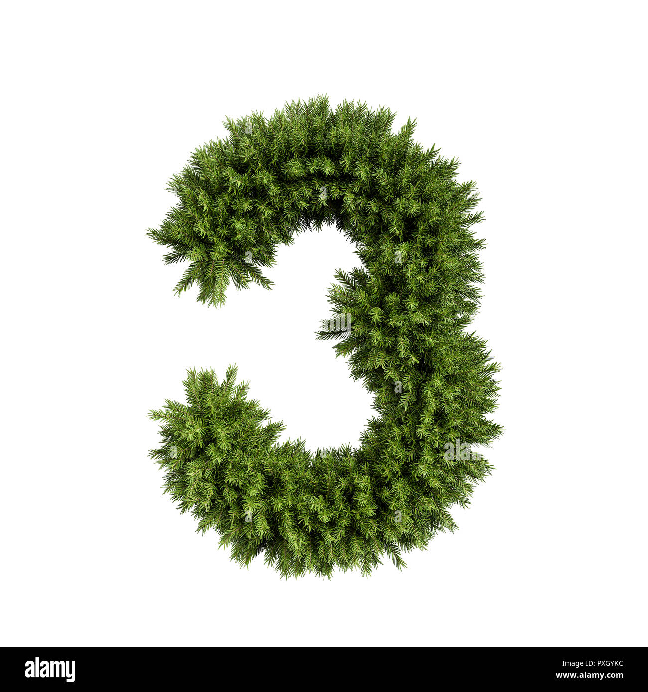 Christmas alphabet ABC digit number 3 three font. Christmas tree branches digits decoration type. Highly realistic 3d rendering illustration. Characte Stock Photo