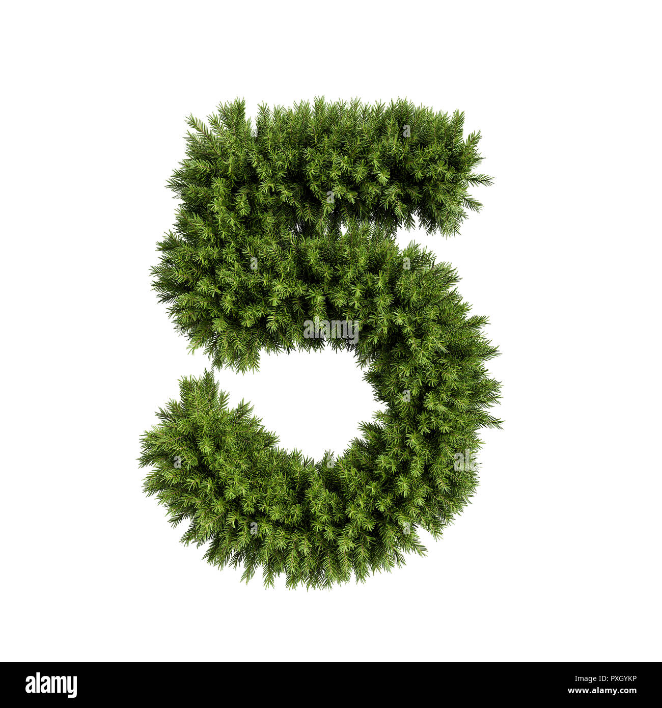 Christmas alphabet ABC digit number 5 five font. Christmas tree branches digits decoration type. Highly realistic 3d rendering illustration. Character Stock Photo