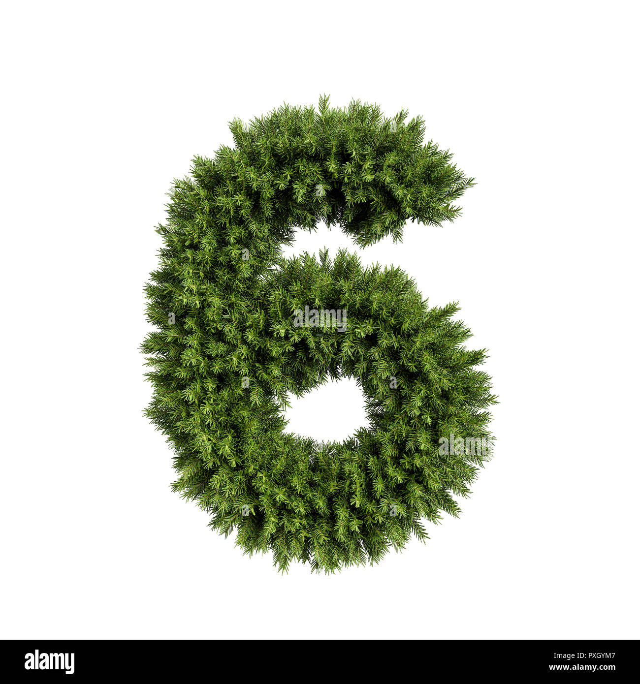 Christmas alphabet ABC digit number 6 six font. Christmas tree branches digits decoration type. Highly realistic 3d rendering illustration. Character  Stock Photo