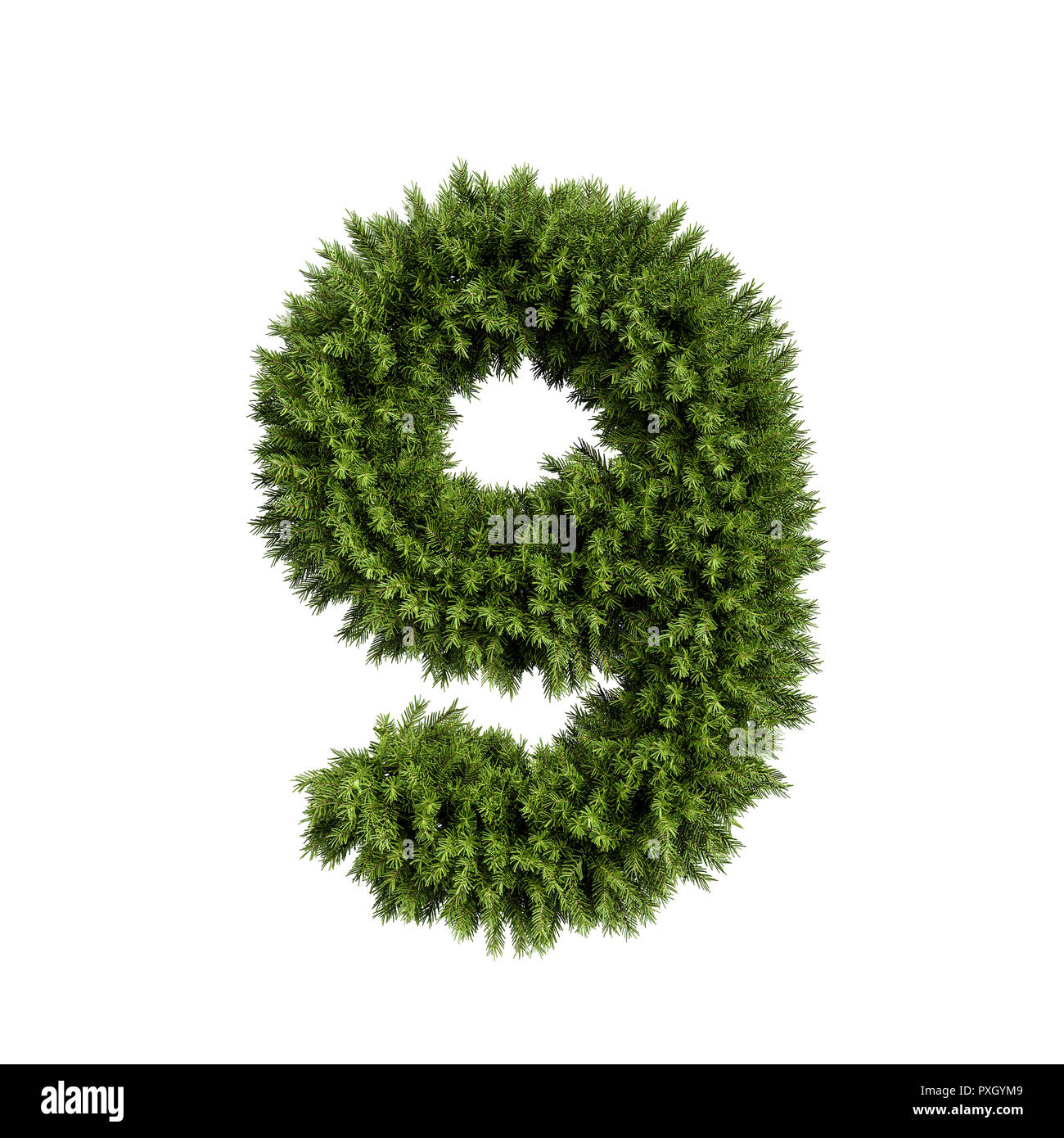 Christmas alphabet ABC digit number 9 nine font. Christmas tree branches digits decoration type. Highly realistic 3d rendering illustration. Character Stock Photo