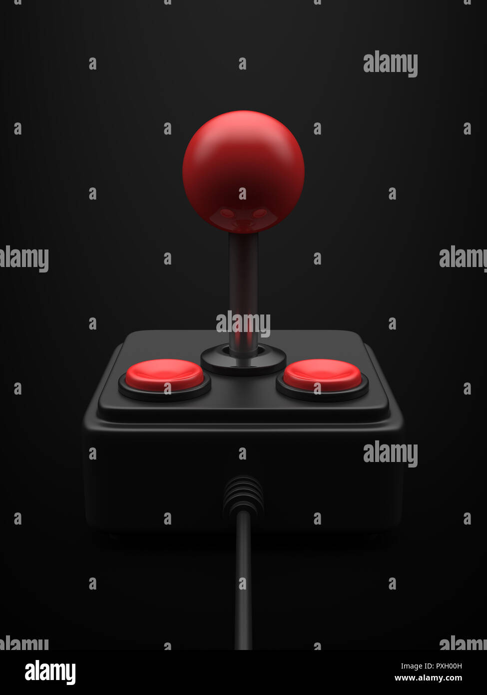 3d rendered front view of a retro joystick with a red knob dramatically ...