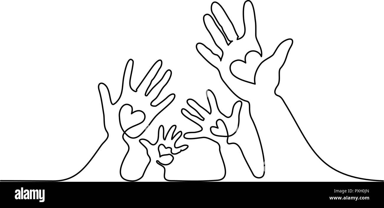 Continuous one line drawing. Abstract family hands holding hearts. Vector illustration Stock Vector