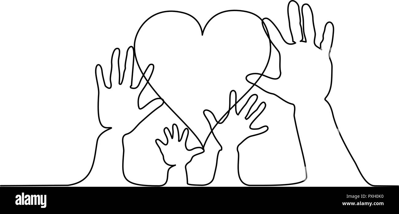 Continuous one line drawing. Abstract family hands holding hearts. Vector illustration Stock Vector