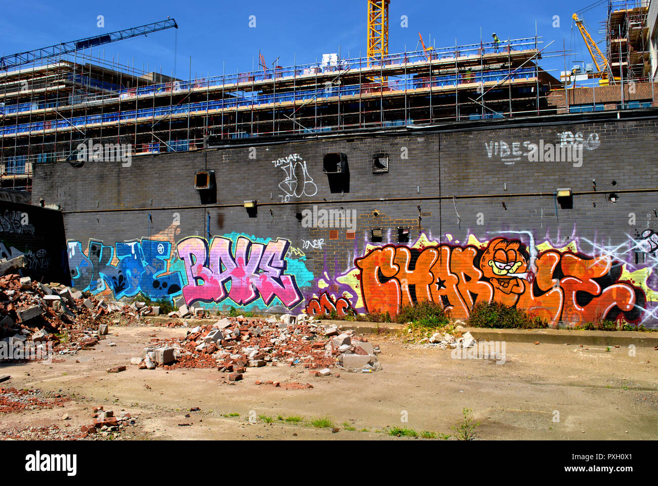 The 2 faces of 2018 Hackney Wick, east London. building works & graffiti.New apartments being built in Hackney Wick , east London. Stock Photo