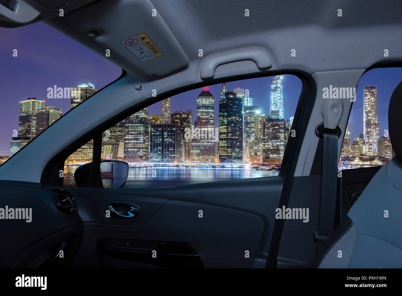 Looking Through A Car Window With View Of Manhattan Skyline At Night New York City Usa Stock Photo Alamy