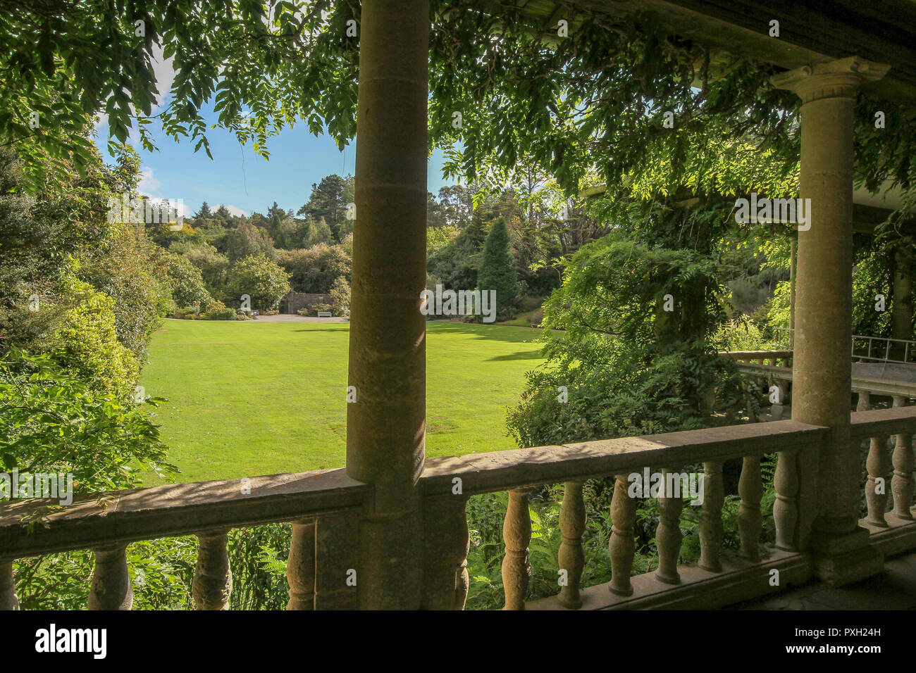 View across gardens from the balcony on the Italian Teahouse on Garnish Island, County Cork Ireland. Stock Photo